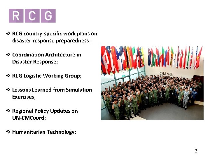 v RCG country-specific work plans on disaster response preparedness ; v Coordination Architecture in