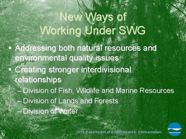 New Ways of Working Under SWG § Addressing both natural resources and environmental quality
