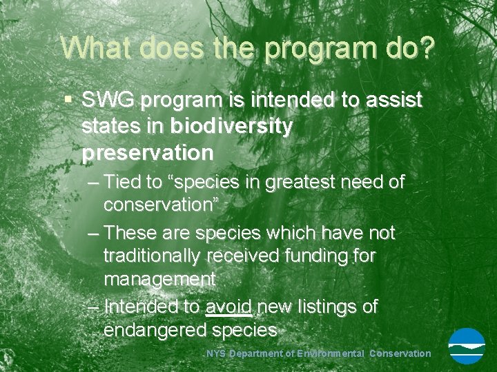 What does the program do? § SWG program is intended to assist states in