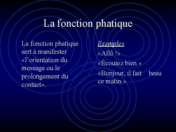 La fonction phatique sert à manifester «l’orientation du message ou le prolongement du contact»