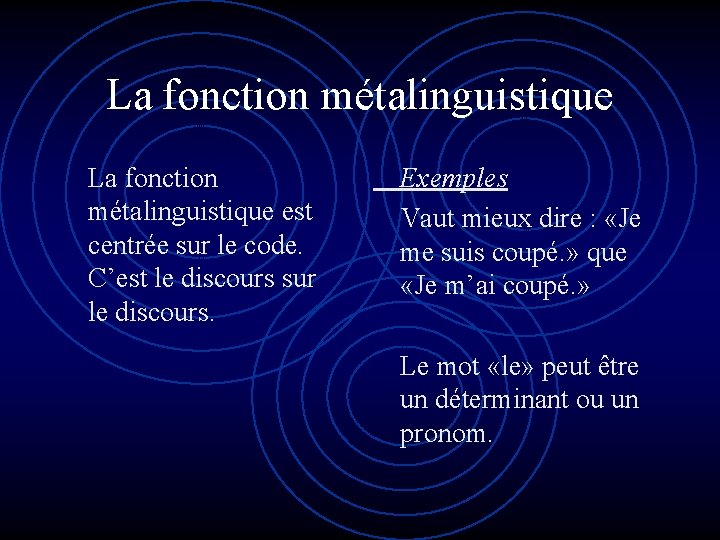 La fonction métalinguistique est centrée sur le code. C’est le discours sur le discours.