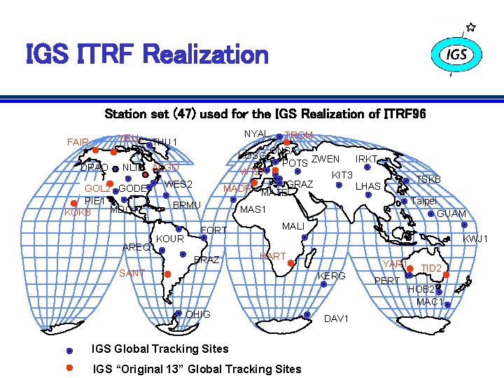 IGS ITRF Realization Station set (47) used for the IGS Realization of ITRF 96