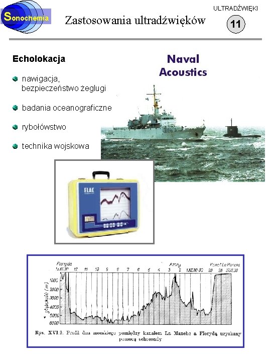 Sonochemia ULTRADŹWIĘKI Zastosowania ultradźwięków Echolokacja nawigacja, bezpieczeństwo żeglugi badania oceanograficzne rybołówstwo technika wojskowa 11
