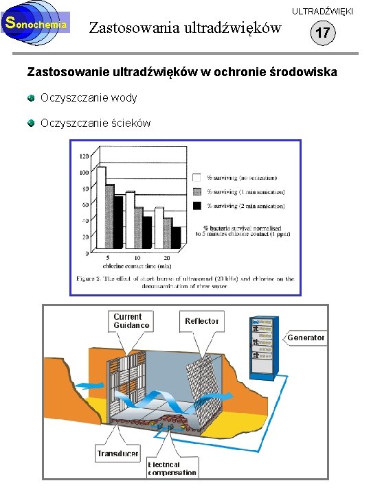 Sonochemia ULTRADŹWIĘKI Zastosowania ultradźwięków 17 Zastosowanie ultradźwięków w ochronie środowiska Oczyszczanie wody Oczyszczanie ścieków