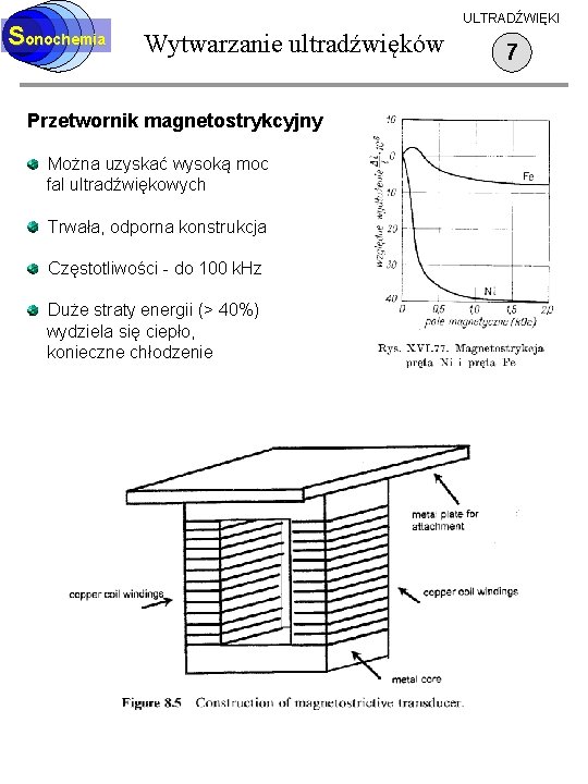 Sonochemia ULTRADŹWIĘKI Wytwarzanie ultradźwięków Przetwornik magnetostrykcyjny Można uzyskać wysoką moc fal ultradźwiękowych Trwała, odporna