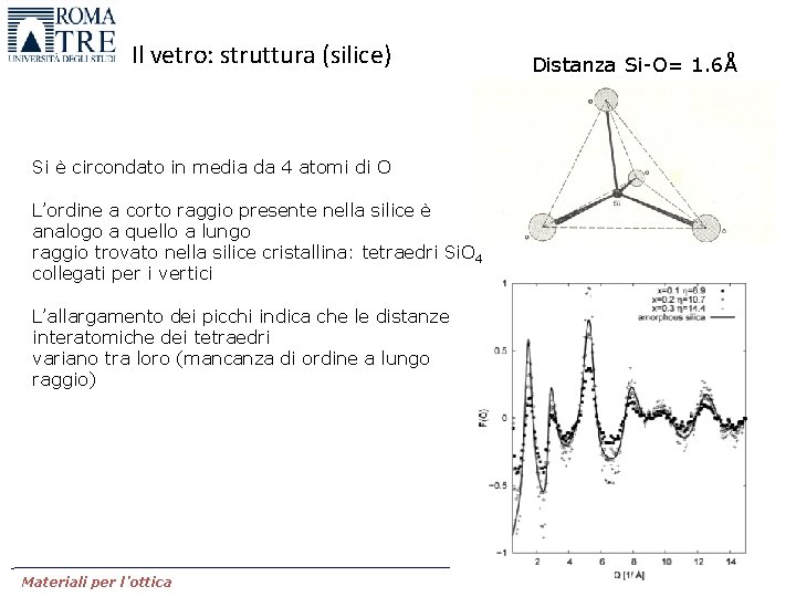 Il vetro: struttura (silice) Si è circondato in media da 4 atomi di O