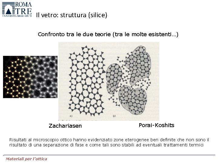 Il vetro: struttura (silice) Confronto tra le due teorie (tra le molte esistenti…) Zachariasen