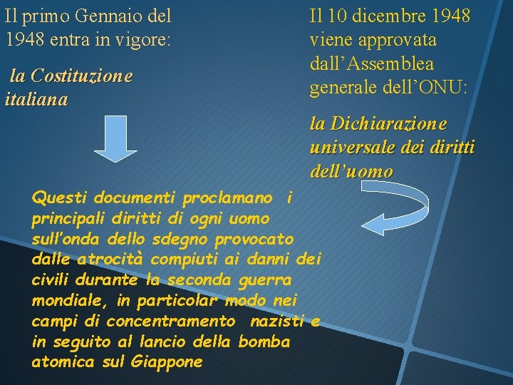 Il primo Gennaio del 1948 entra in vigore: la Costituzione italiana Il 10 dicembre