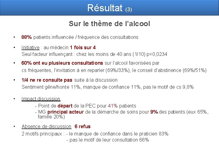 Résultat (3) Sur le thème de l’alcool • 88% patients influencée / fréquence des