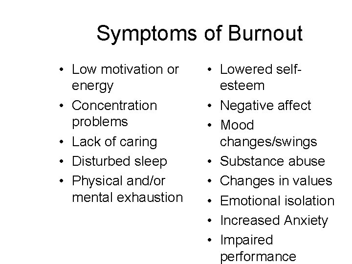 Symptoms of Burnout • Low motivation or energy • Concentration problems • Lack of