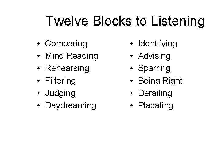 Twelve Blocks to Listening • • • Comparing Mind Reading Rehearsing Filtering Judging Daydreaming