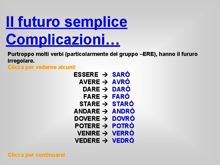 Il futuro semplice Complicazioni… Purtroppo molti verbi (particolarmente del gruppo –ERE), hanno il fururo
