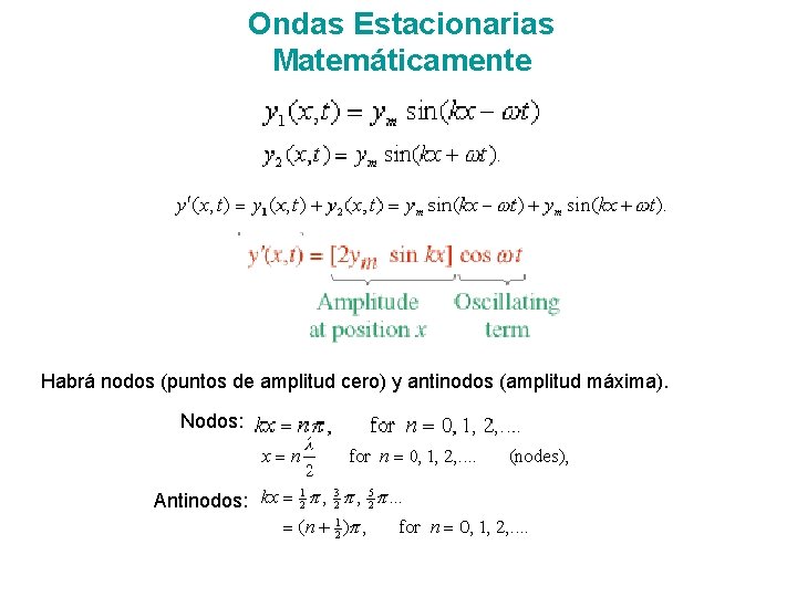 Ondas Estacionarias Matemáticamente Habrá nodos (puntos de amplitud cero) y antinodos (amplitud máxima). Nodos: