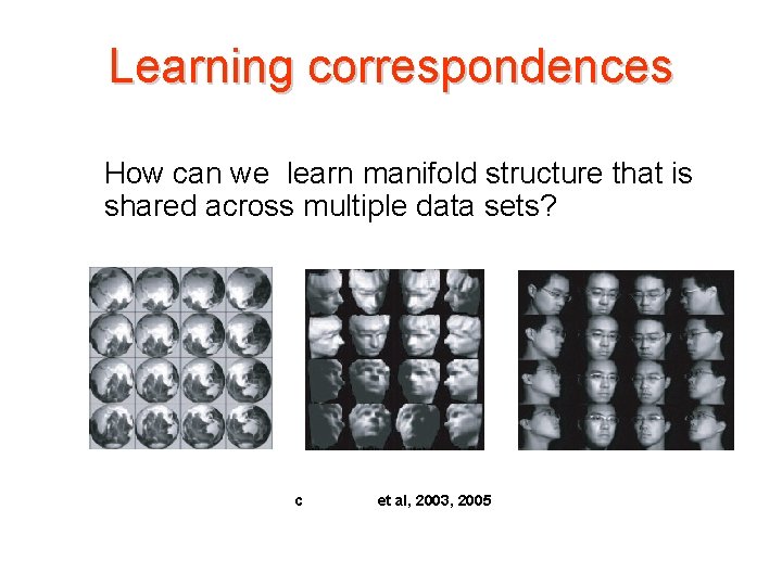 Learning correspondences How can we learn manifold structure that is shared across multiple data