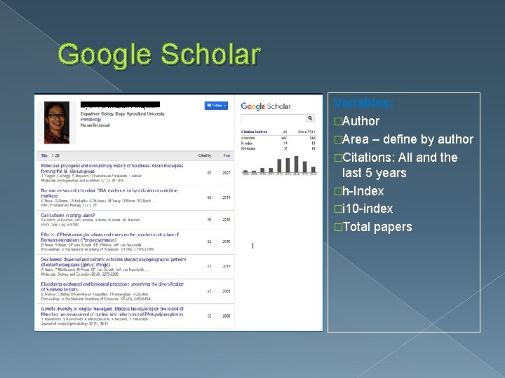 Google Scholar Variables: �Author �Area – define by author �Citations: All and the last