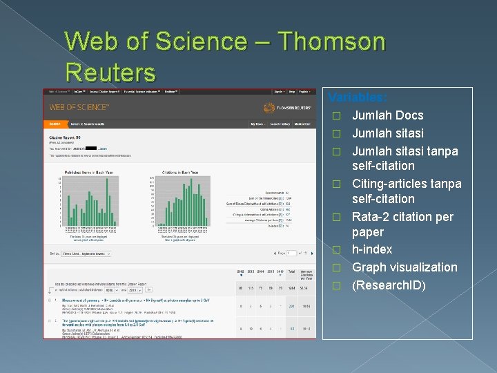 Web of Science – Thomson Reuters Variables: � Jumlah Docs � Jumlah sitasi tanpa