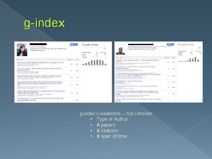 g-index’s weakness -- not consider: • Type of Author • # papers • #