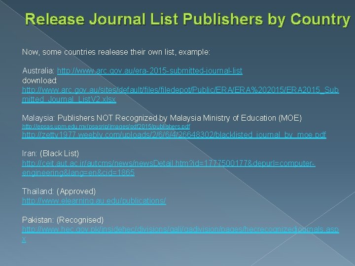 Release Journal List Publishers by Country Now, some countries realease their own list, example: