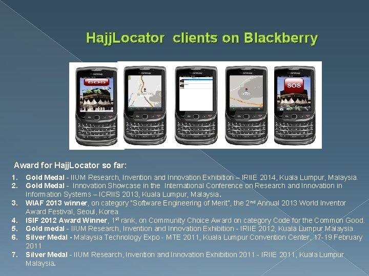 Hajj. Locator clients on Blackberry Award for Hajj. Locator so far: 1. 2. 3.