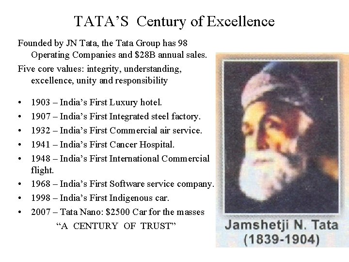 TATA’S Century of Excellence Founded by JN Tata, the Tata Group has 98 Operating