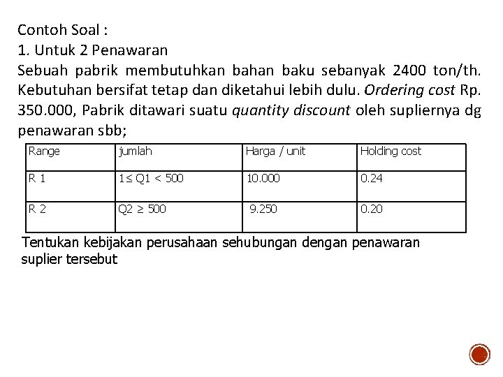 Contoh Soal : 1. Untuk 2 Penawaran Sebuah pabrik membutuhkan bahan baku sebanyak 2400