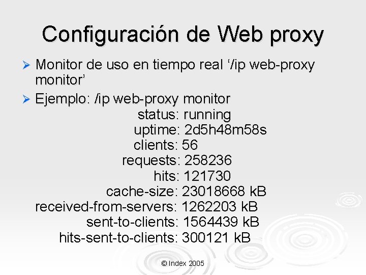 Configuración de Web proxy Ø Monitor de uso en tiempo real ‘/ip web-proxy monitor’