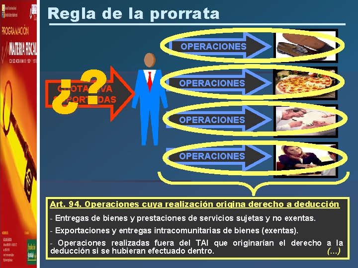 Regla de la prorrata ¿? CUOTAS IVA SOPORTADAS OPERACIONES Art. 94. Operaciones cuya realización