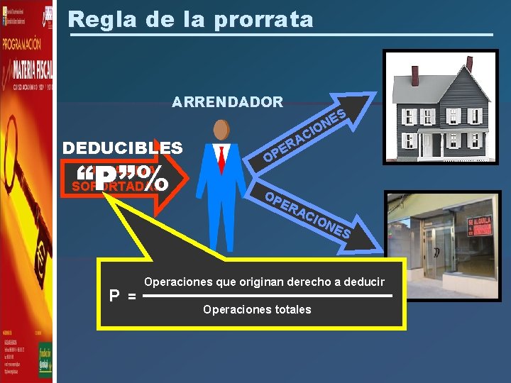 Regla de la prorrata ARRENDADOR DEDUCIBLES “P”% CUOTAS IVA SOPORTADAS P = ES N