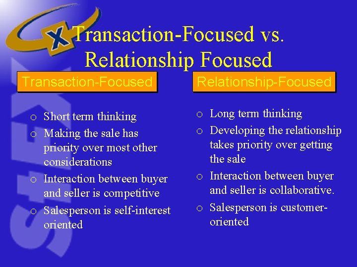 Transaction-Focused vs. Relationship Focused Transaction-Focused o Short term thinking o Making the sale has Transaction-Focused vs. Relationship Focused Transaction-Focused o Short term thinking o Making the sale has