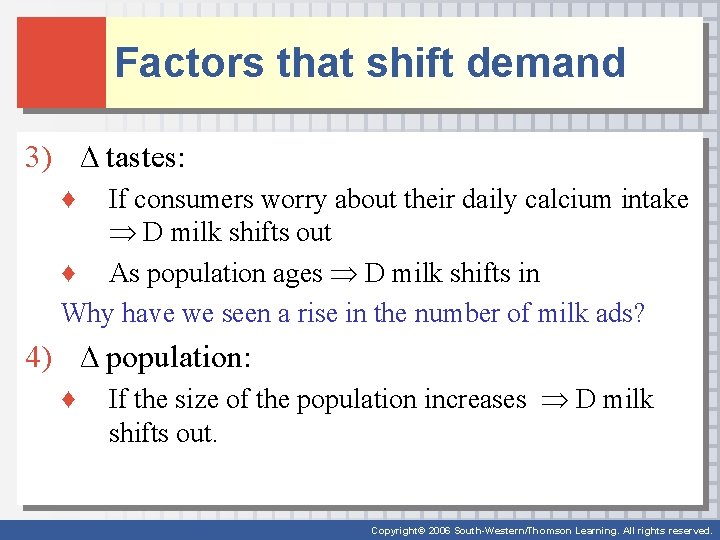 Factors that shift demand 3) ∆ tastes: ♦ If consumers worry about their daily