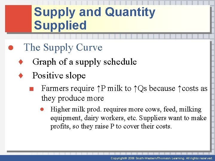 Supply and Quantity Supplied ● The Supply Curve ♦ Graph of a supply schedule