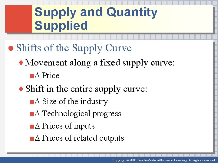 Supply and Quantity Supplied ● Shifts of the Supply Curve ♦ Movement along a