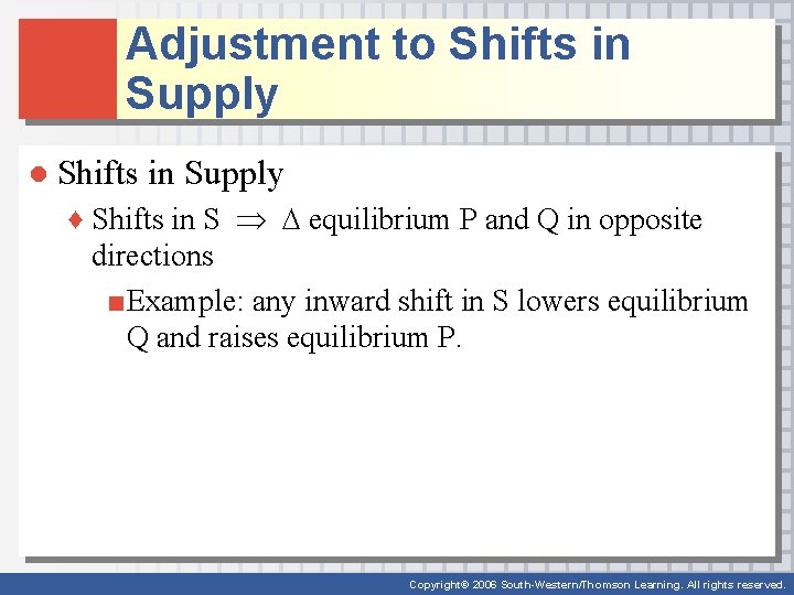Adjustment to Shifts in Supply ● Shifts in Supply ♦ Shifts in S equilibrium