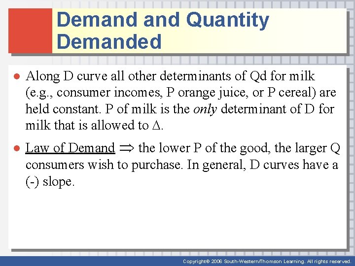 Demand Quantity Demanded ● Along D curve all other determinants of Qd for milk