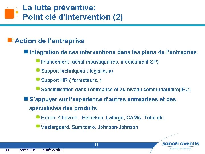 La lutte préventive: Point clé d’intervention (2) Action de l’entreprise Intégration de ces interventions