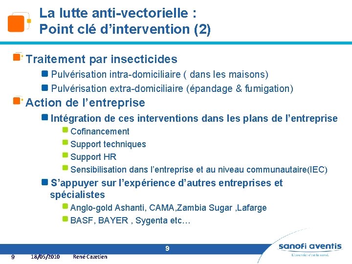 La lutte anti-vectorielle : Point clé d’intervention (2) Traitement par insecticides Pulvérisation intra-domiciliaire (