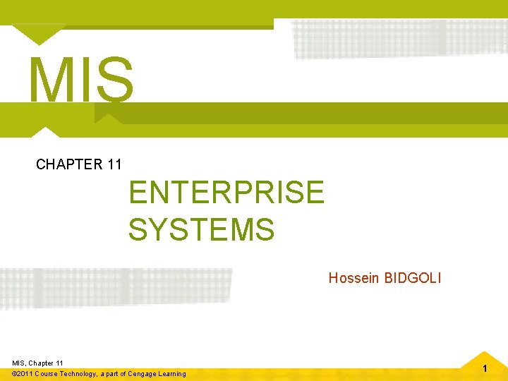 MIS CHAPTER 11 ENTERPRISE SYSTEMS Hossein BIDGOLI MIS, Chapter 11 © 2011 Course Technology,