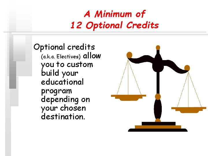 A Minimum of 12 Optional Credits Optional credits (a. k. a. Electives) allow you A Minimum of 12 Optional Credits Optional credits (a. k. a. Electives) allow you