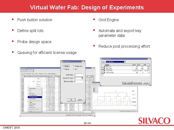Virtual Wafer Fab: Design of Experiments • Push button solution • Grid Engine • Virtual Wafer Fab: Design of Experiments • Push button solution • Grid Engine •