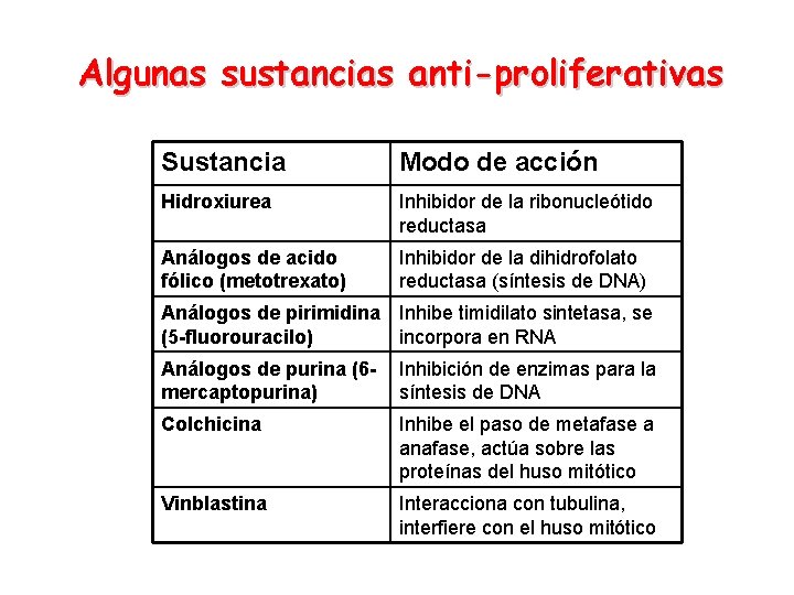 Algunas sustancias anti-proliferativas Sustancia Modo de acción Hidroxiurea Inhibidor de la ribonucleótido reductasa Análogos