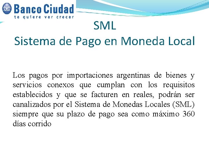 SML Sistema de Pago en Moneda Local Los pagos por importaciones argentinas de bienes SML Sistema de Pago en Moneda Local Los pagos por importaciones argentinas de bienes