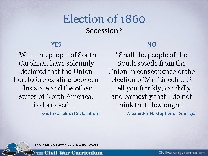 Election of 1860 Secession? YES NO “We, …the people of South Carolina…have solemnly declared