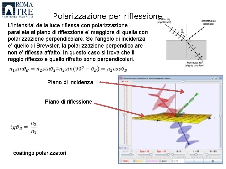 Polarizzazione per riflessione L’intensita’ della luce riflessa con polarizzazione parallela al piano di riflessione