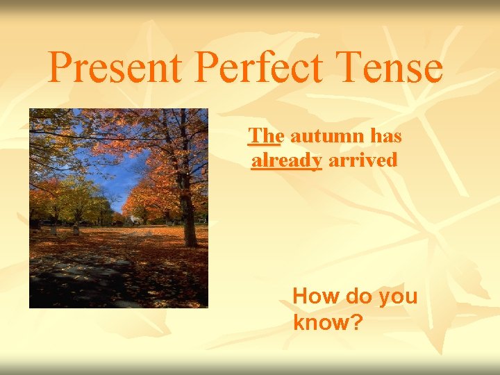 Present Perfect Tense The autumn has already arrived How do you know? 