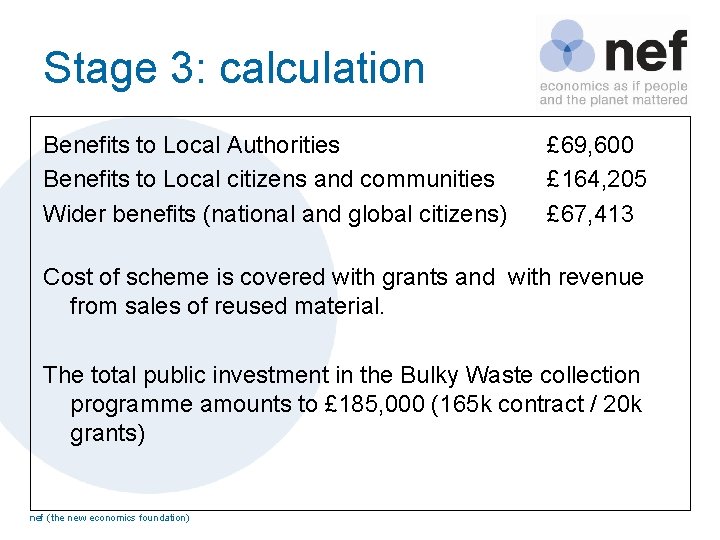Stage 3: calculation Benefits to Local Authorities Benefits to Local citizens and communities Wider