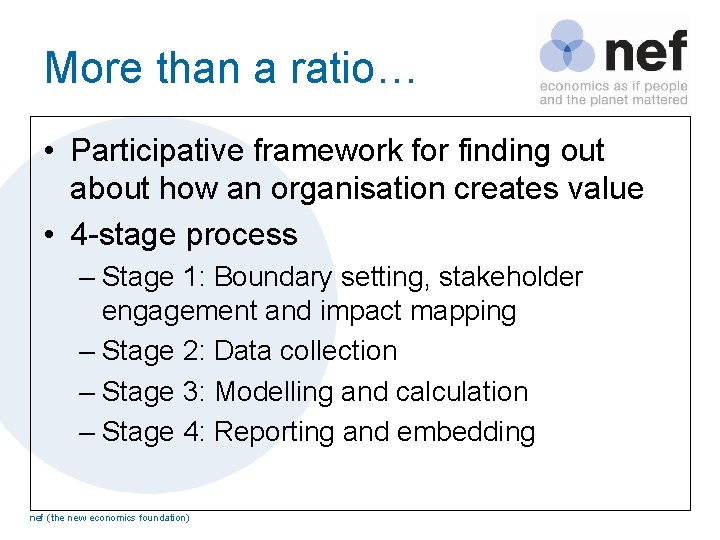 More than a ratio… • Participative framework for finding out about how an organisation