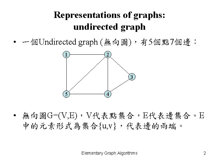 Representations of graphs: undirected graph • 一個Undirected graph (無向圖)，有5個點 7個邊： 1 2 3 5