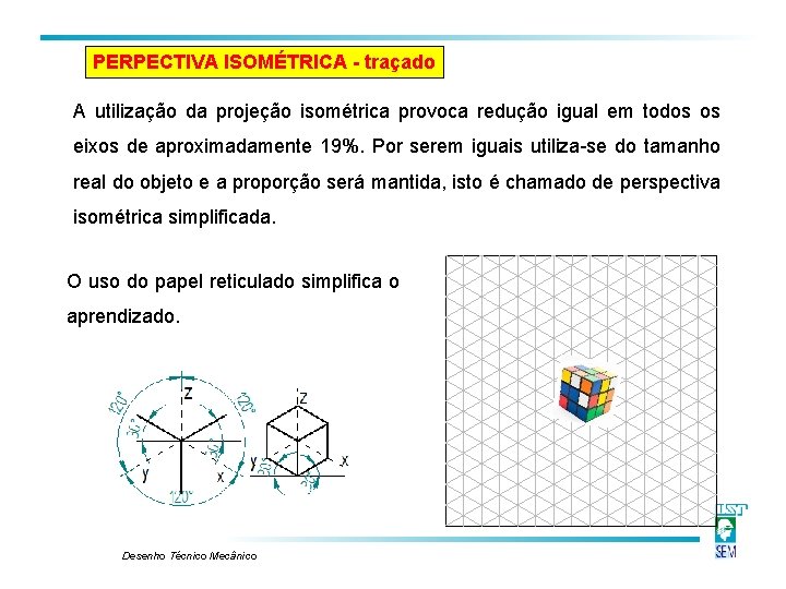 PERPECTIVA ISOMÉTRICA - traçado A utilização da projeção isométrica provoca redução igual em todos PERPECTIVA ISOMÉTRICA - traçado A utilização da projeção isométrica provoca redução igual em todos
