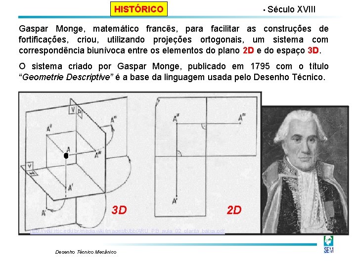 HISTÓRICO • Século XVIII Gaspar Monge, matemático francês, para facilitar as construções de fortificações, HISTÓRICO • Século XVIII Gaspar Monge, matemático francês, para facilitar as construções de fortificações,