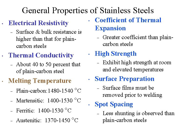 General Properties of Stainless Steels • Electrical Resistivity – • • Surface & bulk